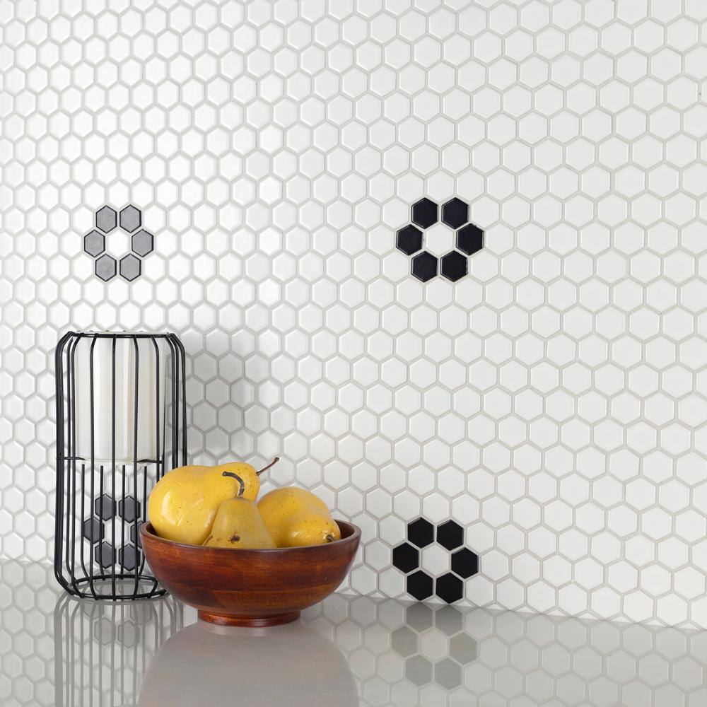 Merola Tile Metro 1 in. Hex Matte White with Single Flower 10-14 in. x 11-78 in. Porcelain Mosaic Tile (8.6 sq. ft.Case) FXLM1HMF