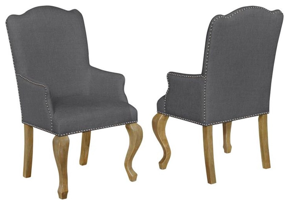 Rustic Oak Wood Dining Arm Chairs Upholstered in Gray Linen Fabric (Set of 2)   French Country   Dining Chairs   by  in One Furniture  Houzz