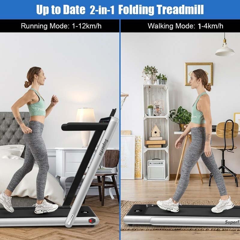 2 in 1 Folding Treadmill, 2.25HP Under Desk Electric Treadmill, Portable Walking Running Machine with Dual Display & Smart App Control