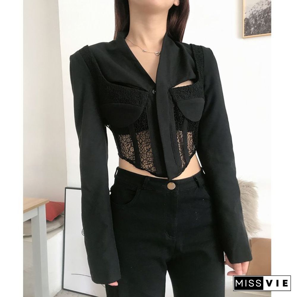 Slim Fit Tailored Blocked Mesh Lace Cropped Corset jacket