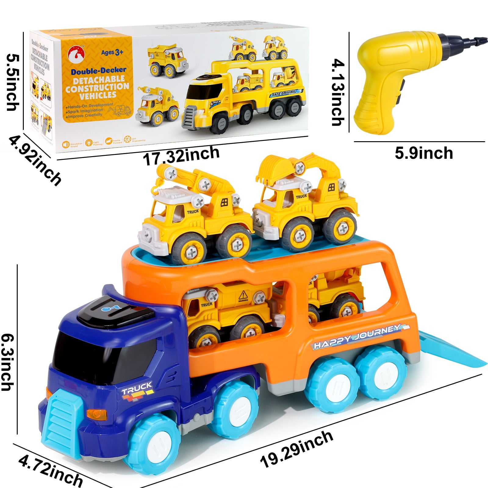 Take Apart Construction Truck Cars Toys for 2 3 4 5 Years Old Toddlers Boys Big Transport Carrier Truck with 4 Small Take Apart Engineering Trucks and Drills Toys with Sound and Light