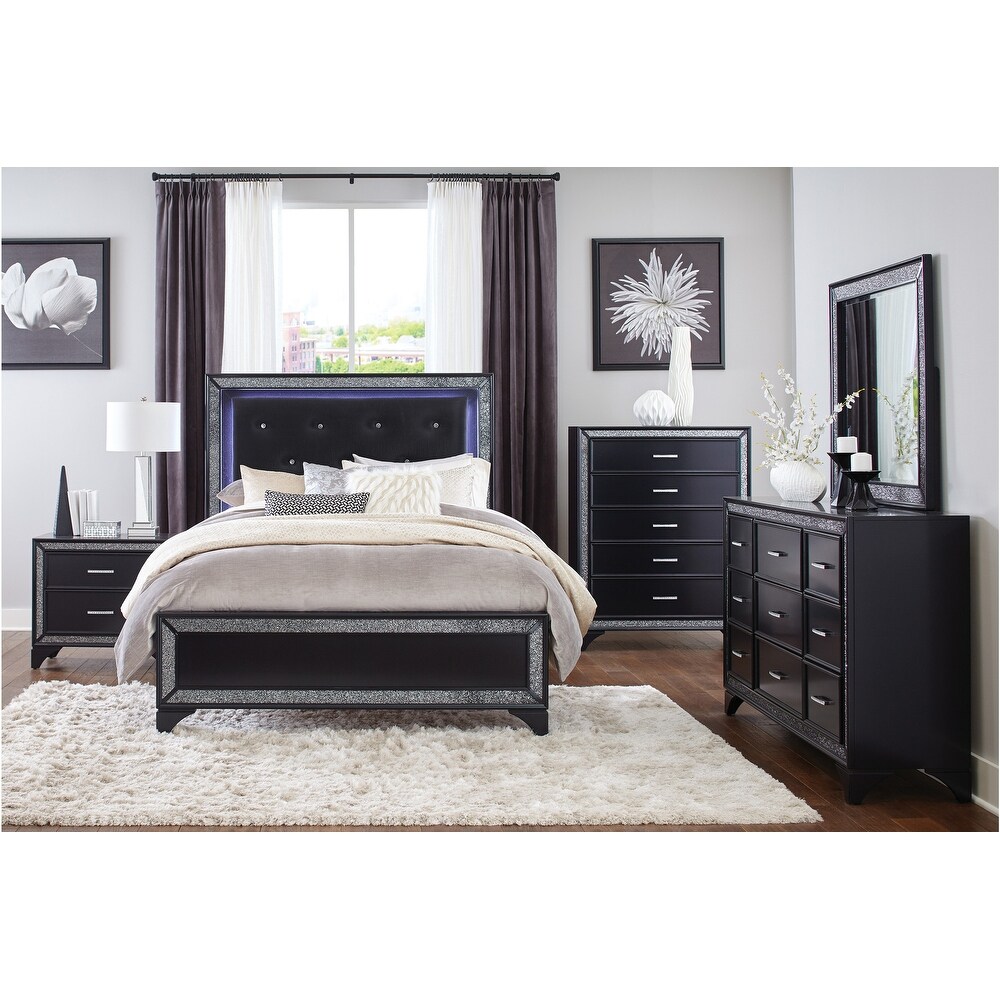 Fey 3 Piece Black Modern Upholstered Tufted LED Panel Bedroom Set