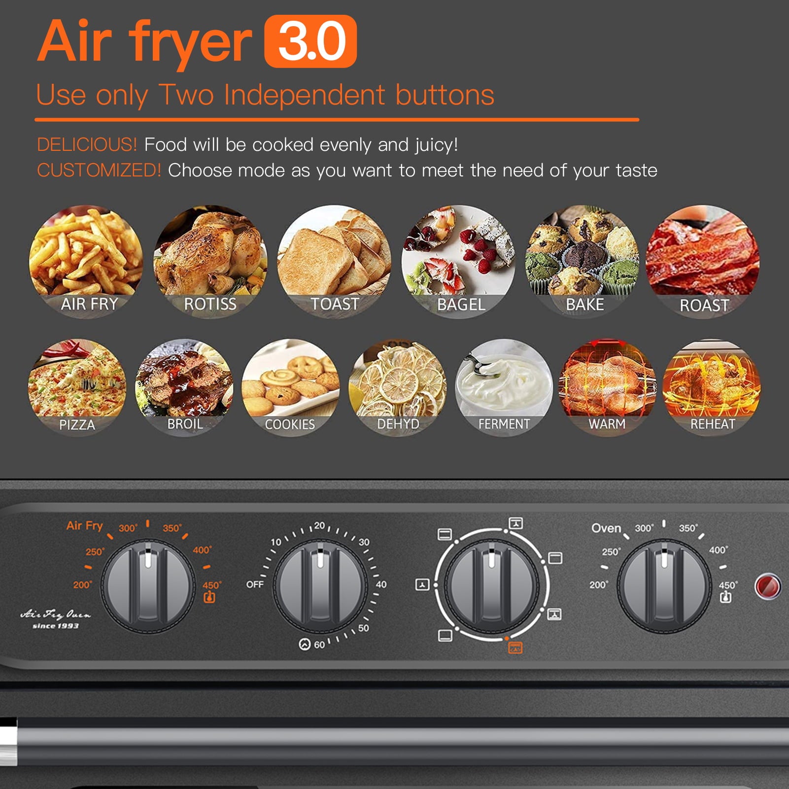 24 Quart Air Fryer, 7-in-1 Large Air Fryer Oven Toaster Combo w/ 60 Minute Timer , Convection Oven Countertop, 7 Presets w/ Accessories, UL Certified, Nonstick, Accessories Included, 1500W, Gray