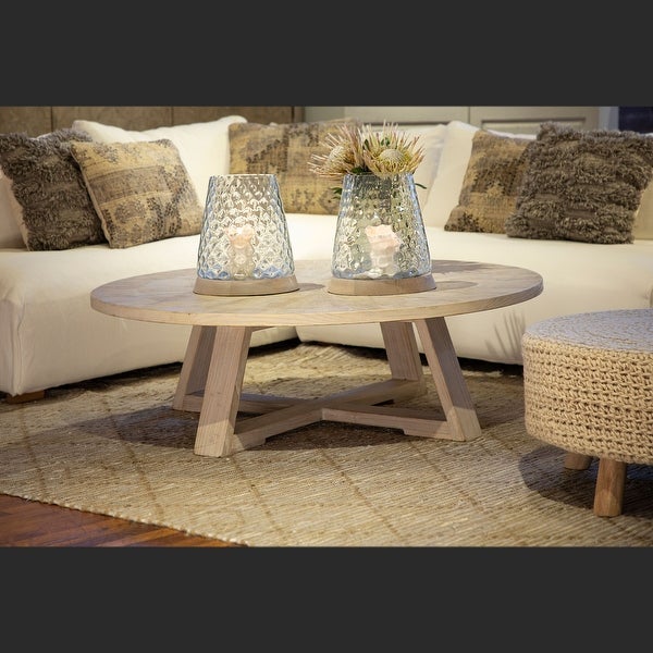 Evan 52-inch Round Reclaimed Elm Pedestal Coffee Table Finished in Light Wash Finish