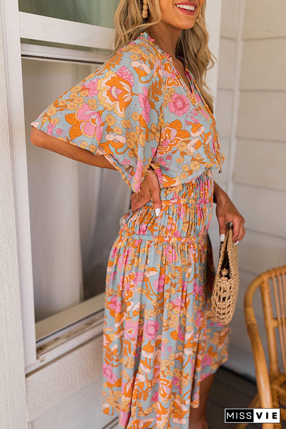 Boho Wide Sleeve Smocked Waist Floral Dress