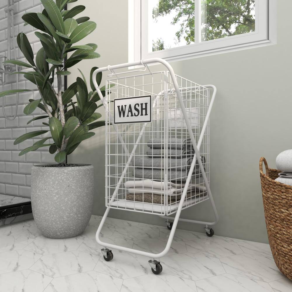 Litton Lane 32 in. White Metal Farmhouse Storage Basket 53636