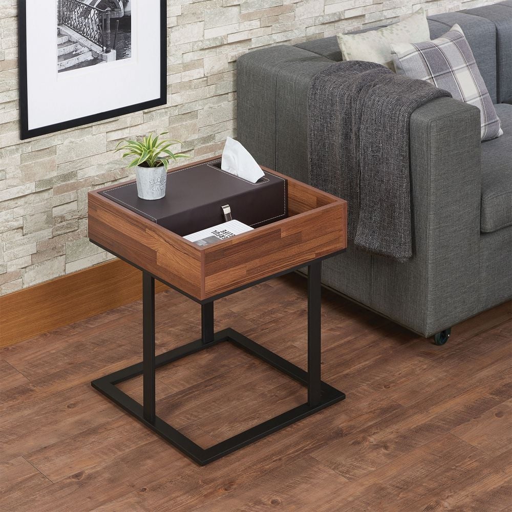 End Table in Espresso，Crafted with walnut veneer and sandy black metal Black Metal Tube Powder Coating 2 Top Compartments