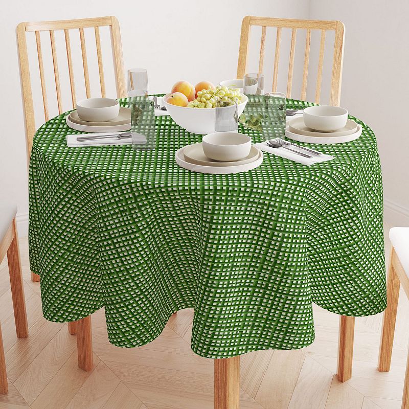 Round Tablecloth， 100% Polyester， 70 Round， Bam boo Green Grid Fence