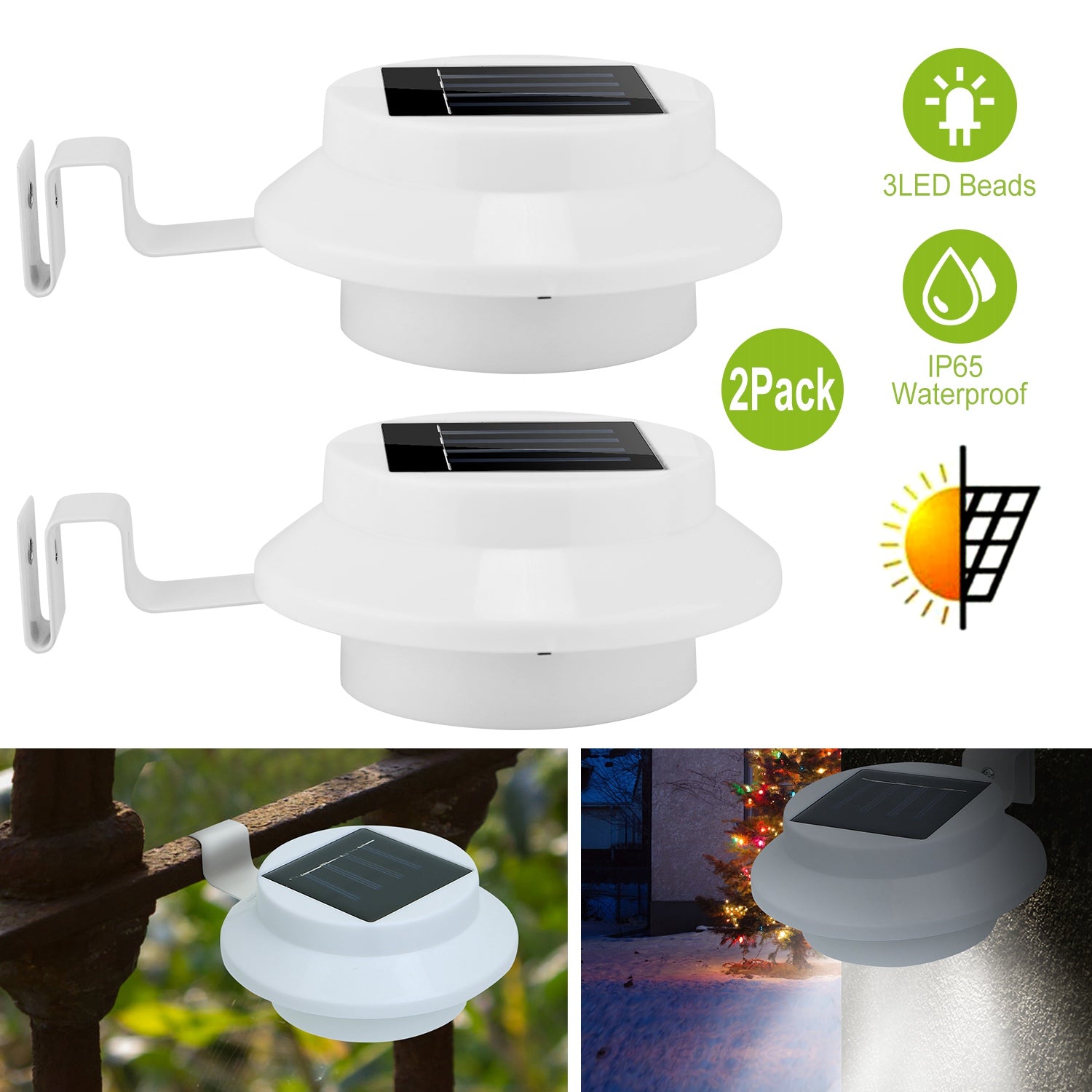 Solarek 2Pcs Solar Powered Gutter Lights IP65 Waterproof Outdoor Dusk to Dawn Sensor Lamp 3 LED Deck Fence Wall Yard Cool White LED Garden Landscape Pathway