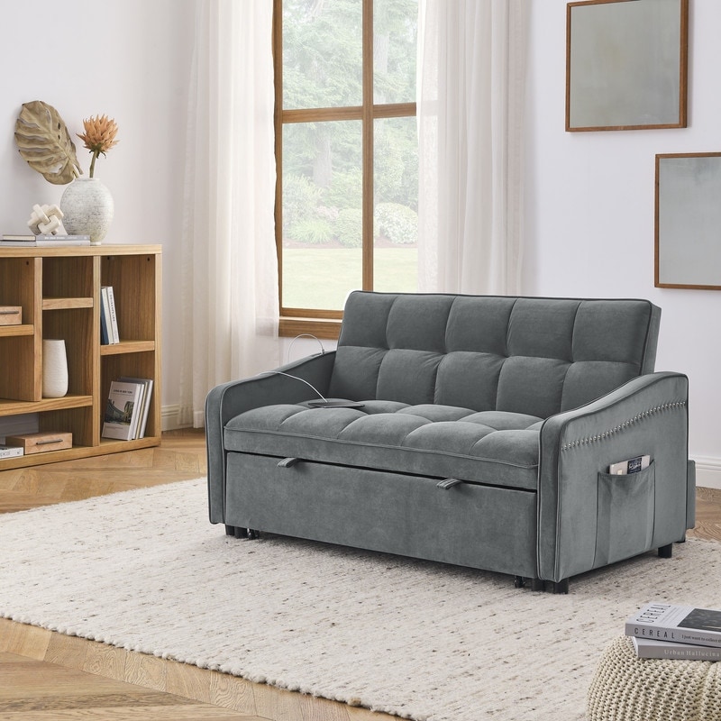 Pull out Bed Loveseats Sofa Bed with Adjsutable Back  Two Arm Pocket  TypeC and USB Charging  Grey