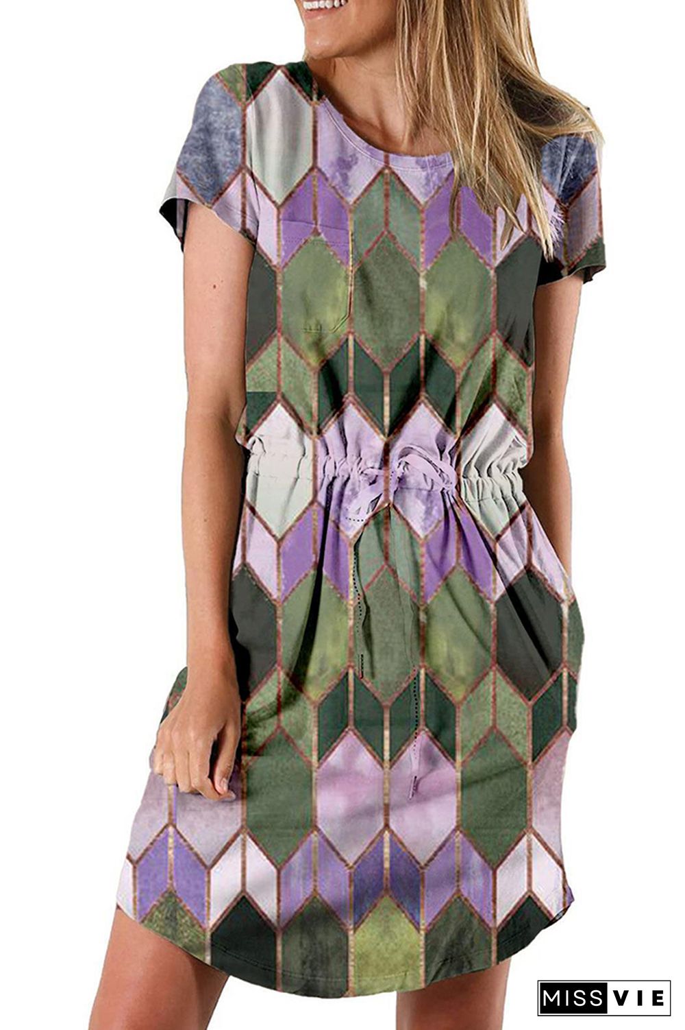 Argyle Print Drawstring Short Sleeve Geometric Dress