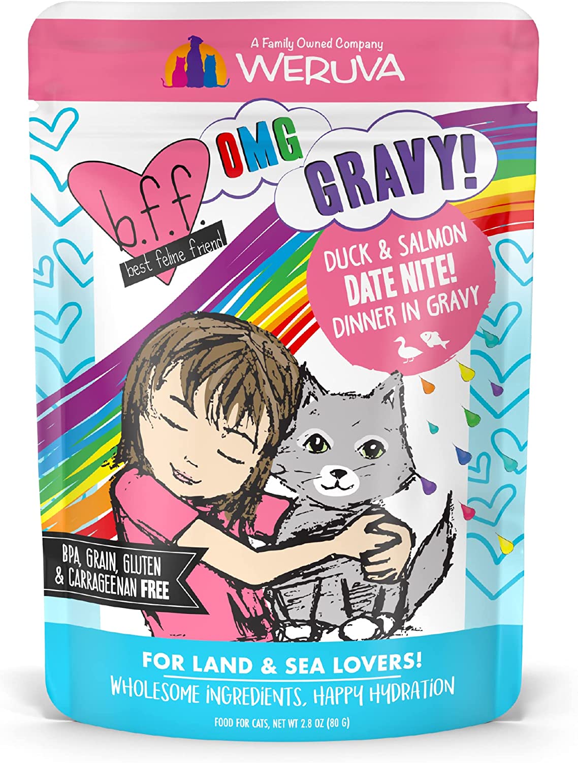 Weruva B.F.F. Omg - Best Feline Friend Oh My Gravy!， Date Nite! With Duck and Salmon In Gravy Cat Food， 2.8Oz Pouch (Pack Of 12)