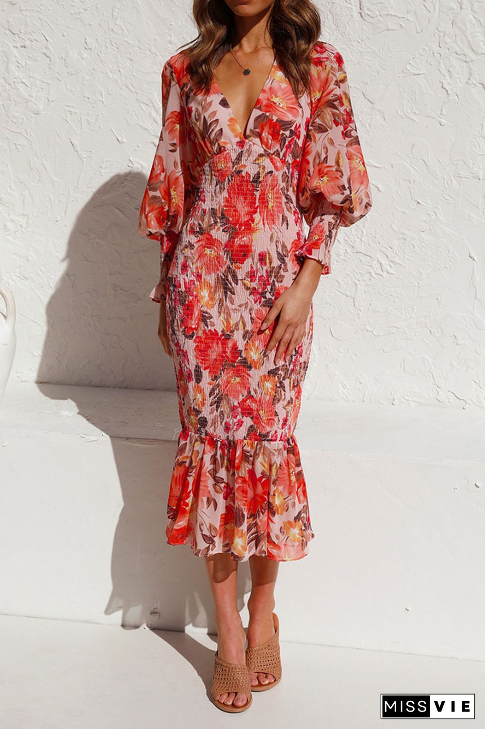 Deep V Neck Floral Print Balloon Sleeve Slim Dress