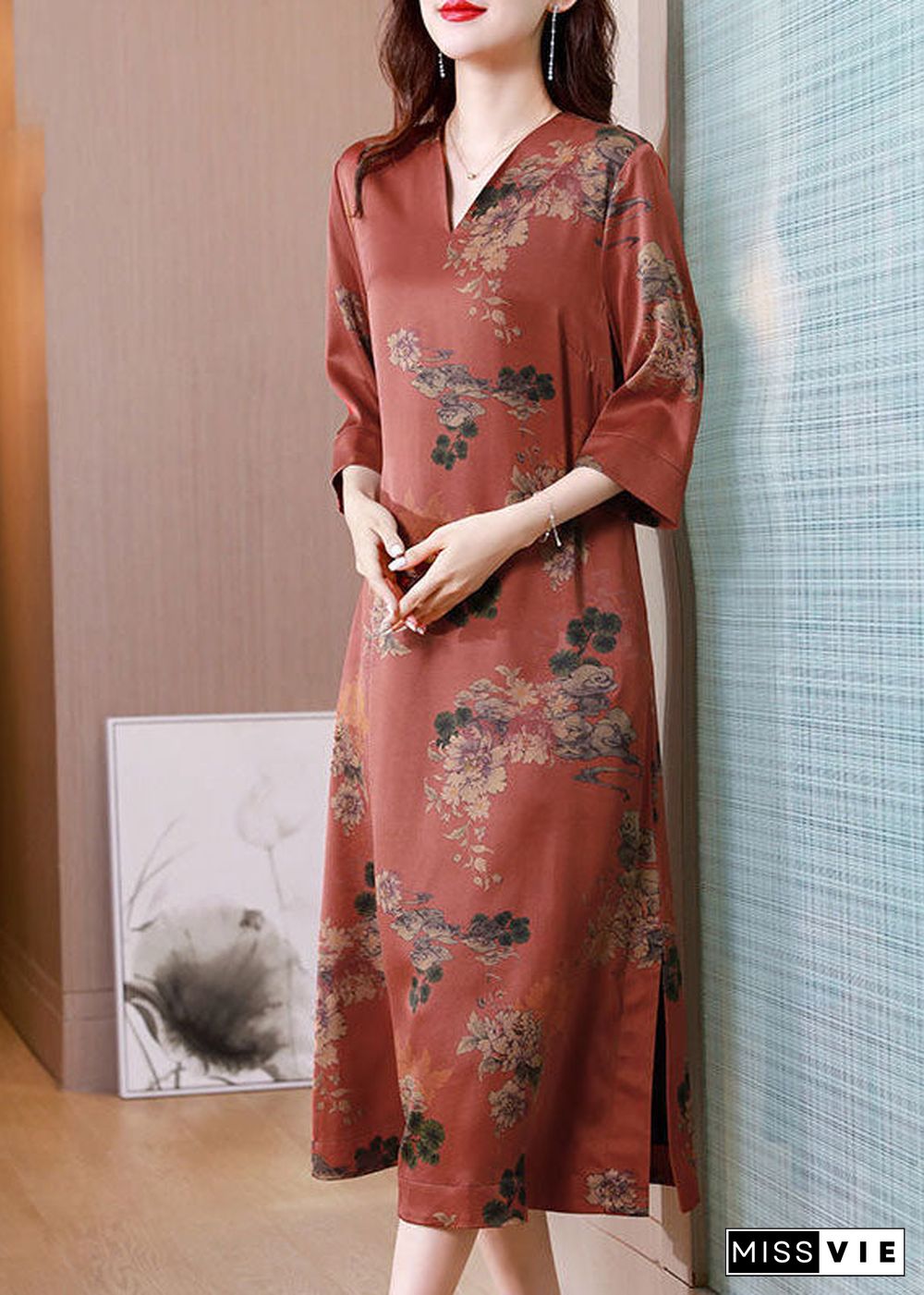 Casual Red V Neck Print Side Open Silk Long Dress Half Sleeve