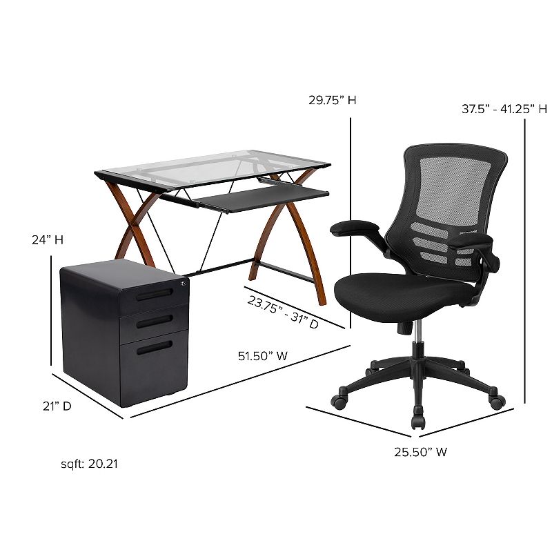 Flash Furniture Glass Top Desk， Office Chair and Filing Cabinet 3-piece Set