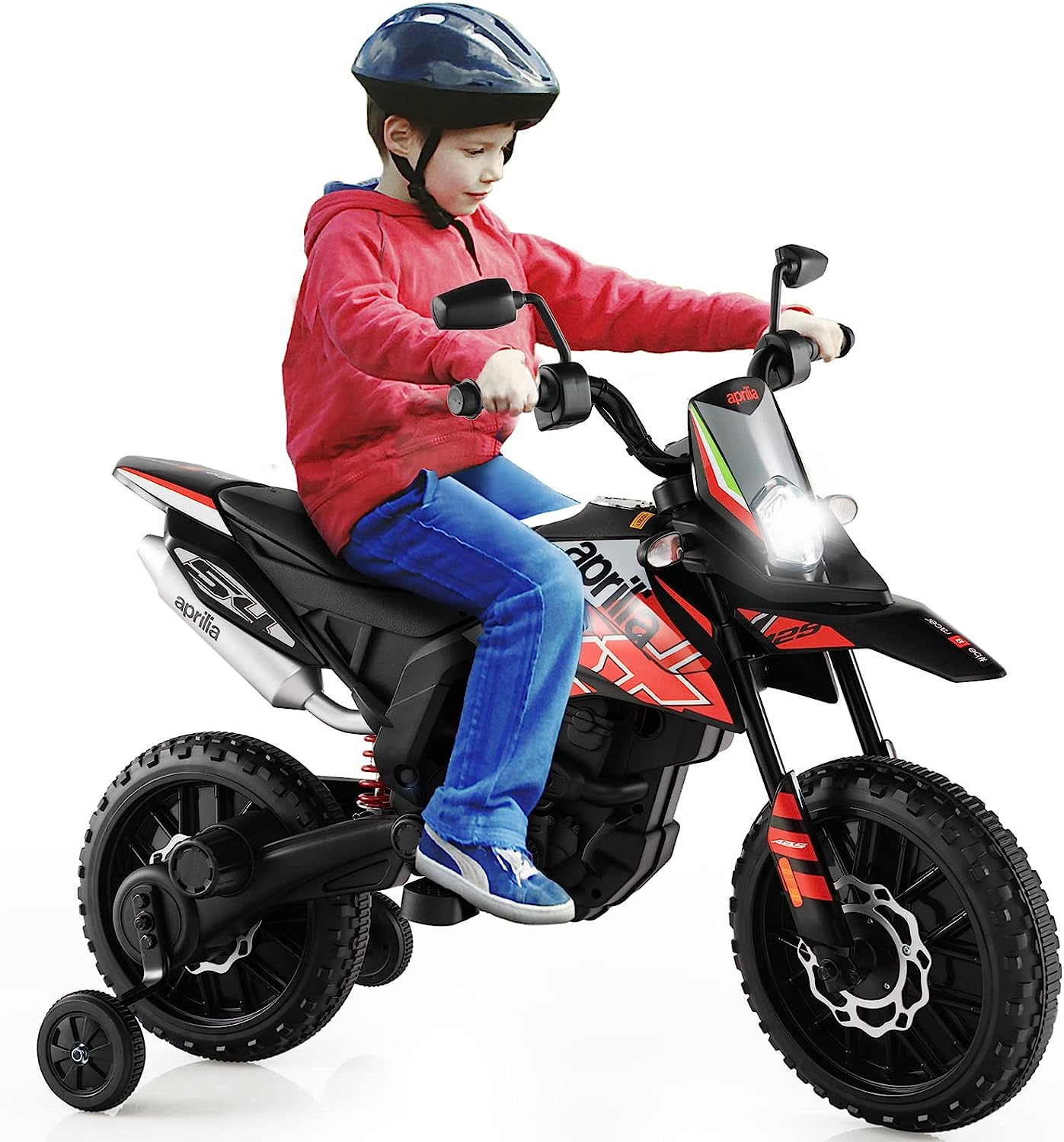 Costzon 12V Kids Motorcycle with Training Wheels, Licensed Aprilia Battery Powered Toddler Motorbike w/Light, Music