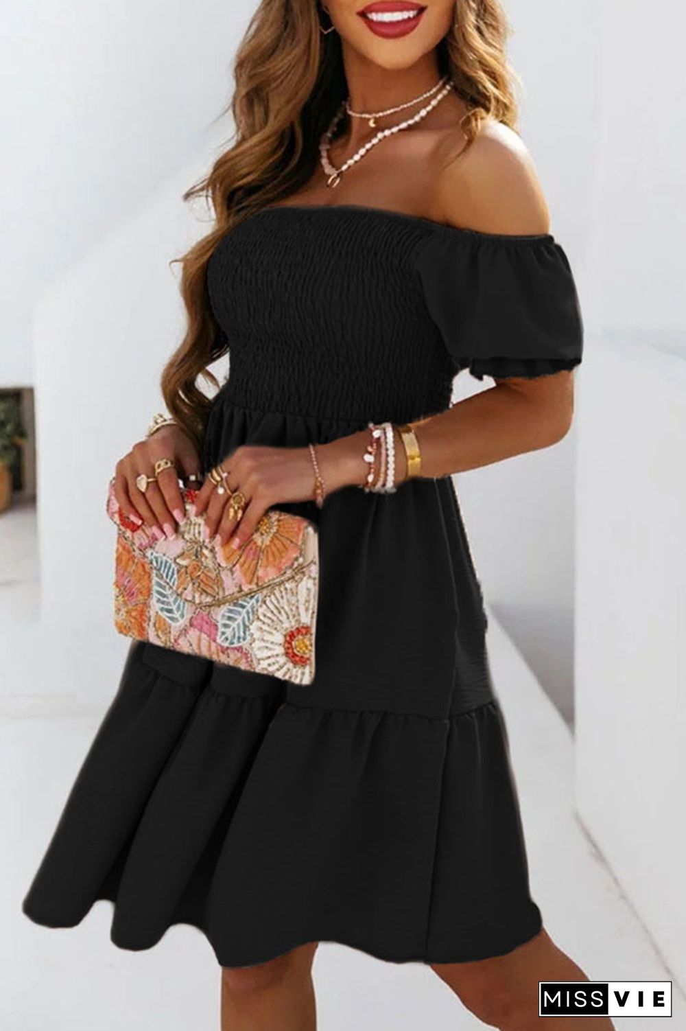 Casual Solid Patchwork Off the Shoulder Cake Skirt Dresses(4 colors)