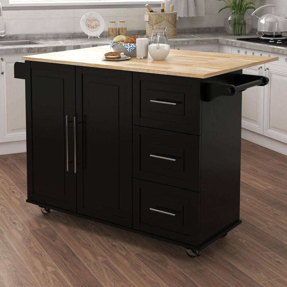 Black Solid Wood Table Top Extensible Kitchen Island with Spice Rack and Towel Rack EC-KIBK-963