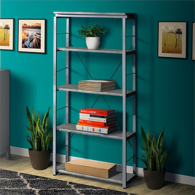 Benjara 9 quotTransitional Solid Wood Bookshelf with 4 Shelves in Silver and Gray   Contemporary   Bookcases   by VirVentures  Houzz