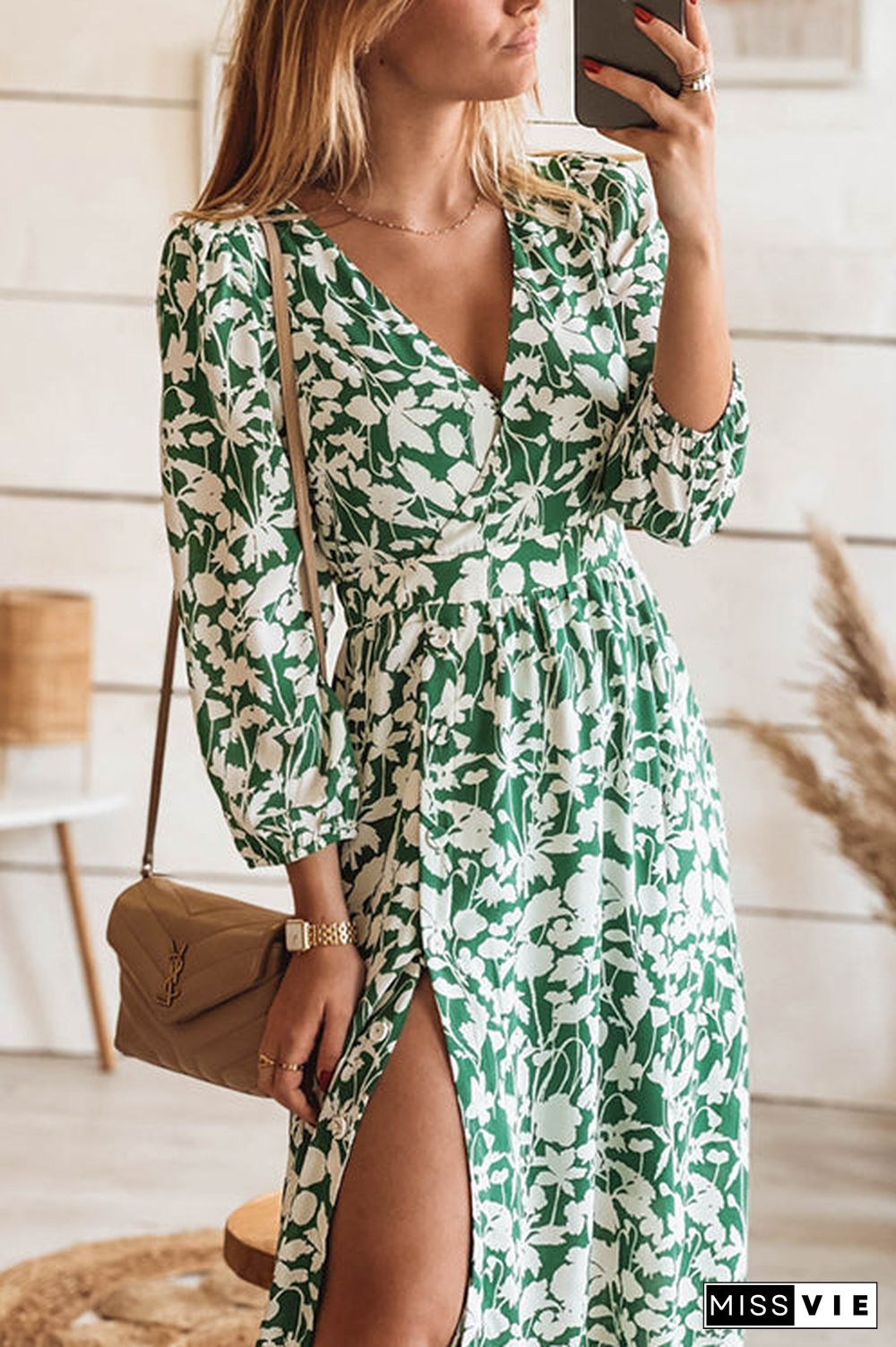 Print Seven Sleeve Slit Wrap Maxi Dress