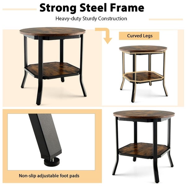 Round End Table， Set of 2 Nightstand w/Storage Shelf， Small Farmhouse Rustic Coffee Table w/Steel Frame and Wood Grain