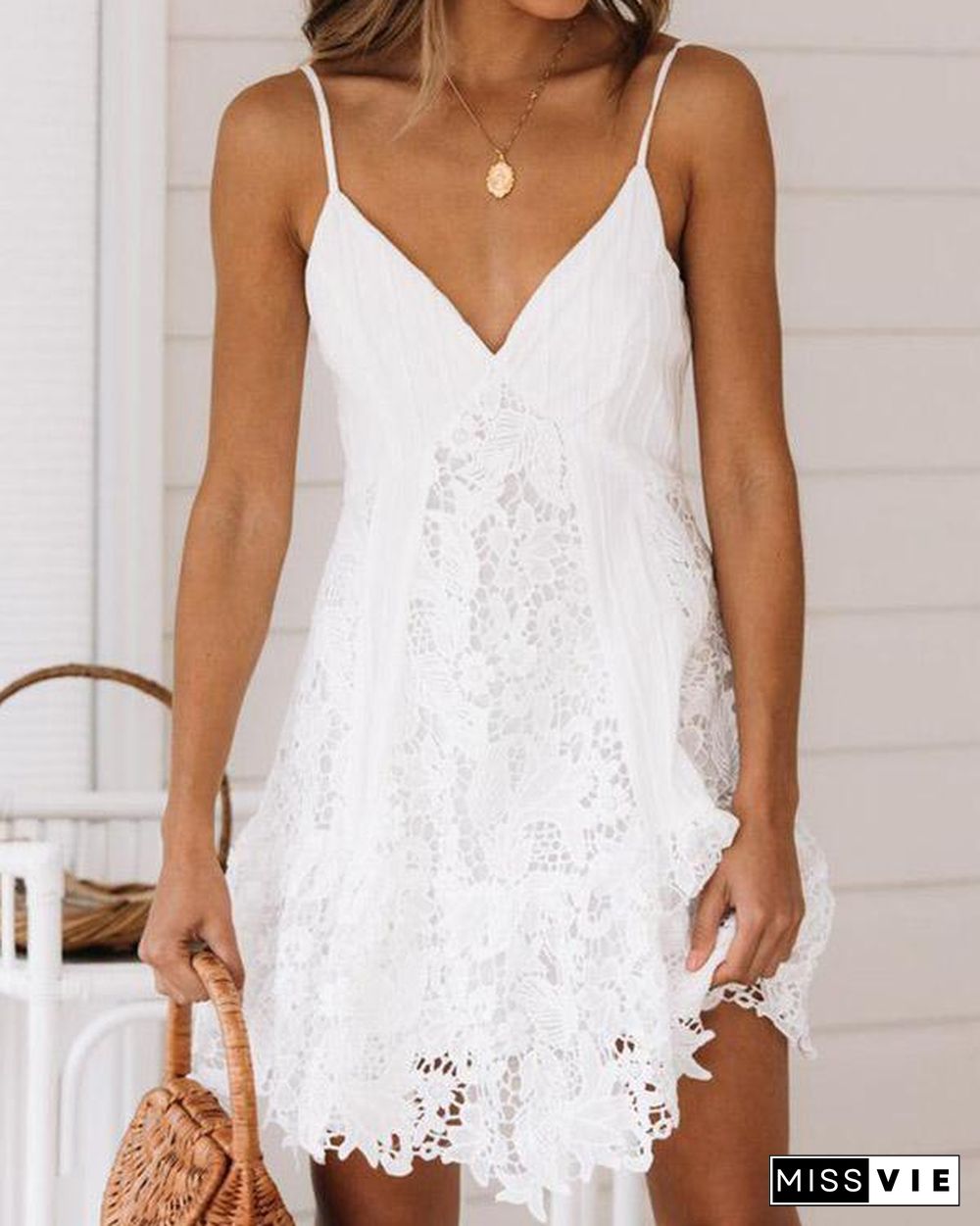 White Deep-V-neck Spaghetti Straps Cami Lace Mini Dress