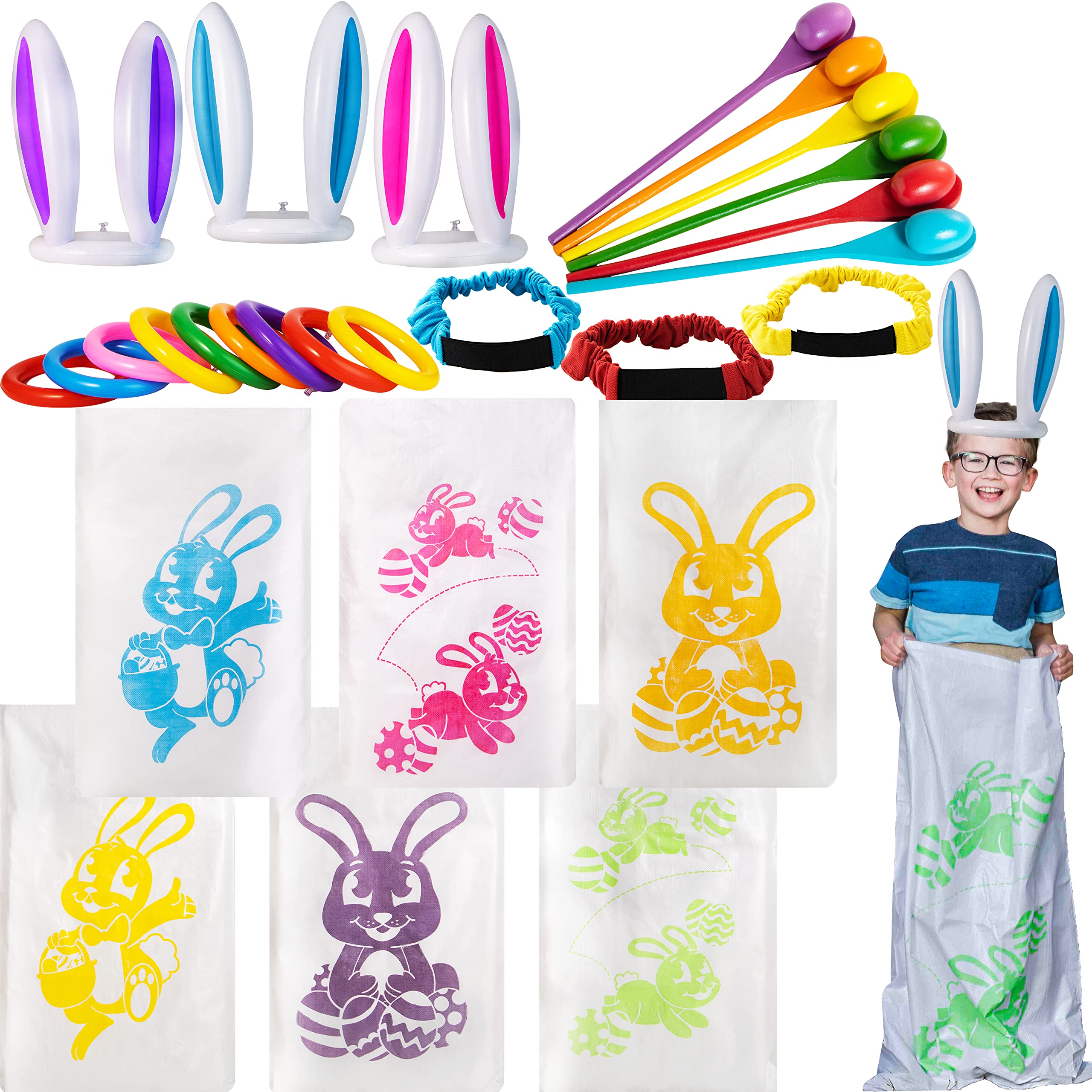 JOYIN 6 Player Potato Sack Race Jumping Bags， Spoon and Egg Race， Legged Relay Race Bands Elastic Tie Rope for Easter Theme Party Favor， Outside Lawn Games， Easter Eggs Hunt Game Activities