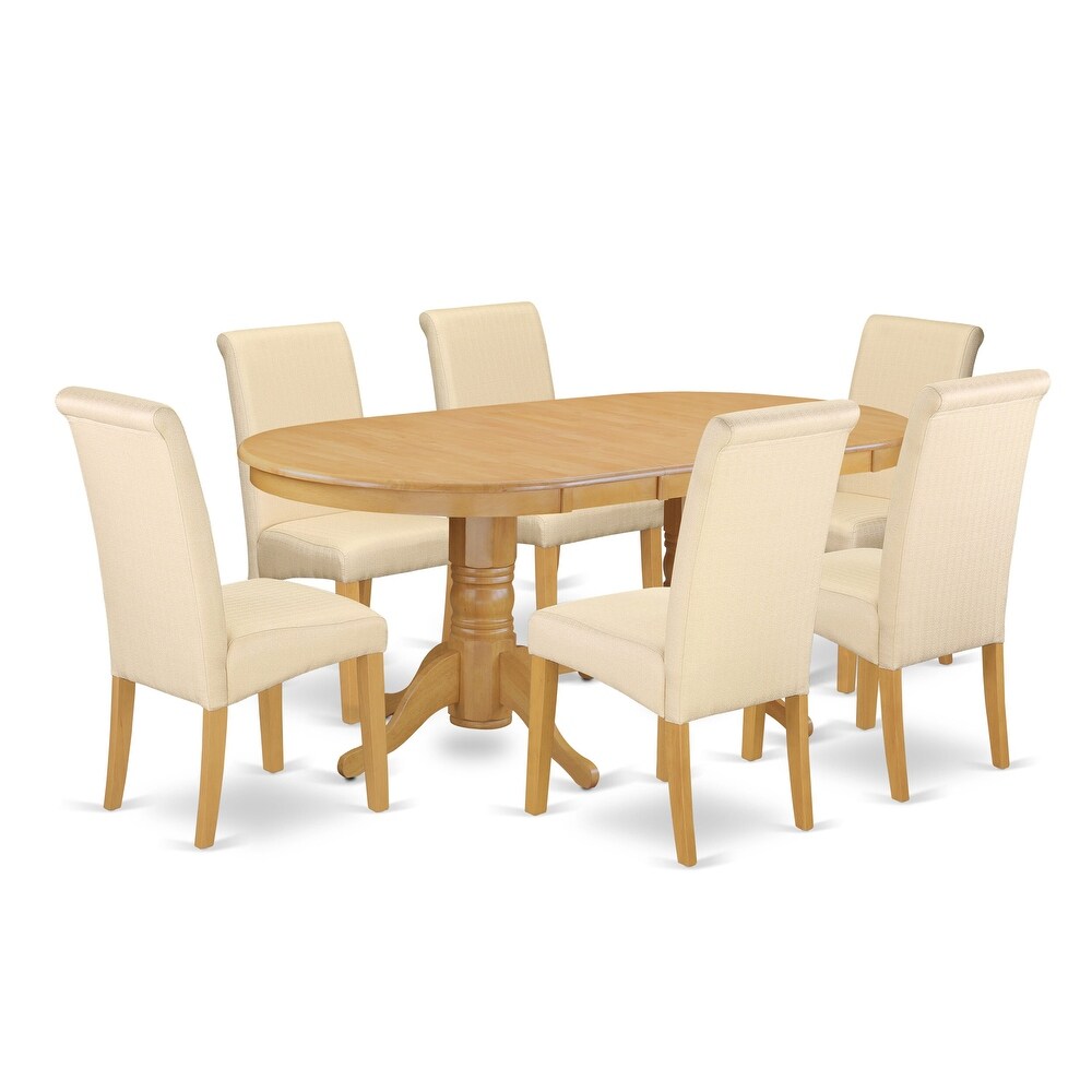 East West Furniture Kitchen Table Set  an Oval Dining Table and Light Beige Linen Fabric Parson Chairs  Oak(Pieces Options)