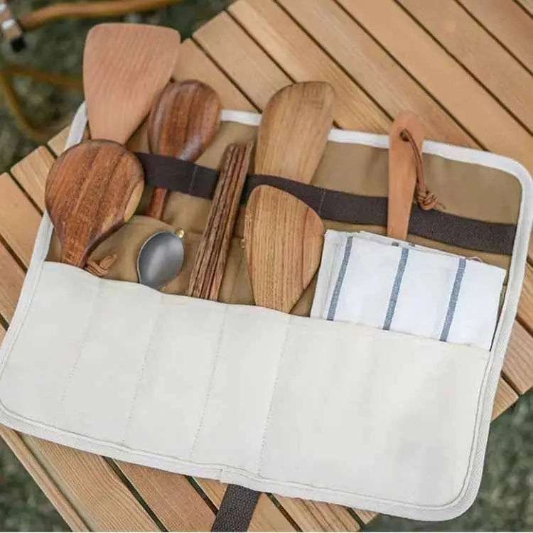 Outdoor Picnic Cutlery Tableware Storage Bag Portable Canvas Camping Utensil Roll Flatware Bags Organizer Camping Tableware Bag