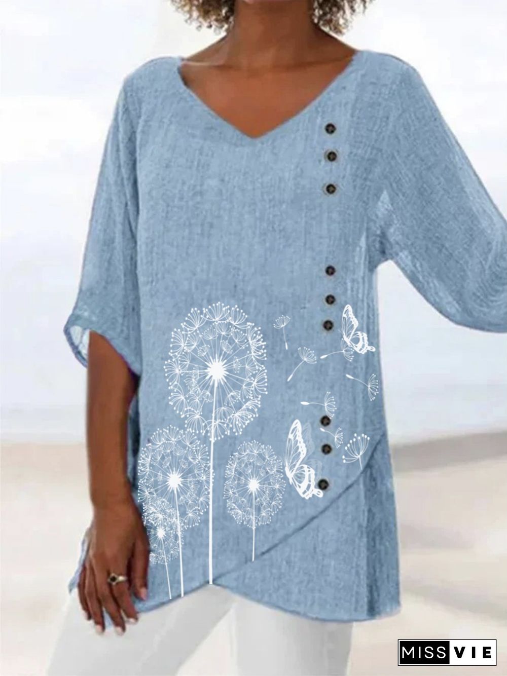 Dandelion V Neck 3/4 Sleeve Plus Size Casual Tops