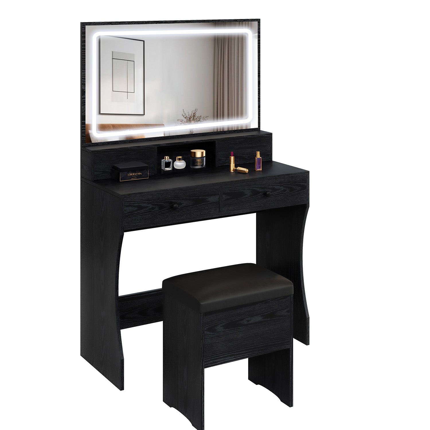 Vanity Desk Set Makeup Vanity with Power Outlet, LED Mirror, Storage Stool