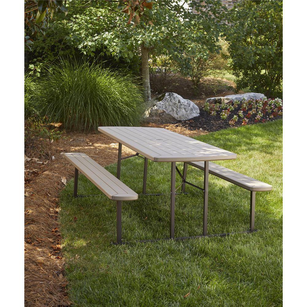 Cosco 6 ft. Folding Blow Mold Picnic Table Gray Wood Grain with Brown Legs 87902GRY1E