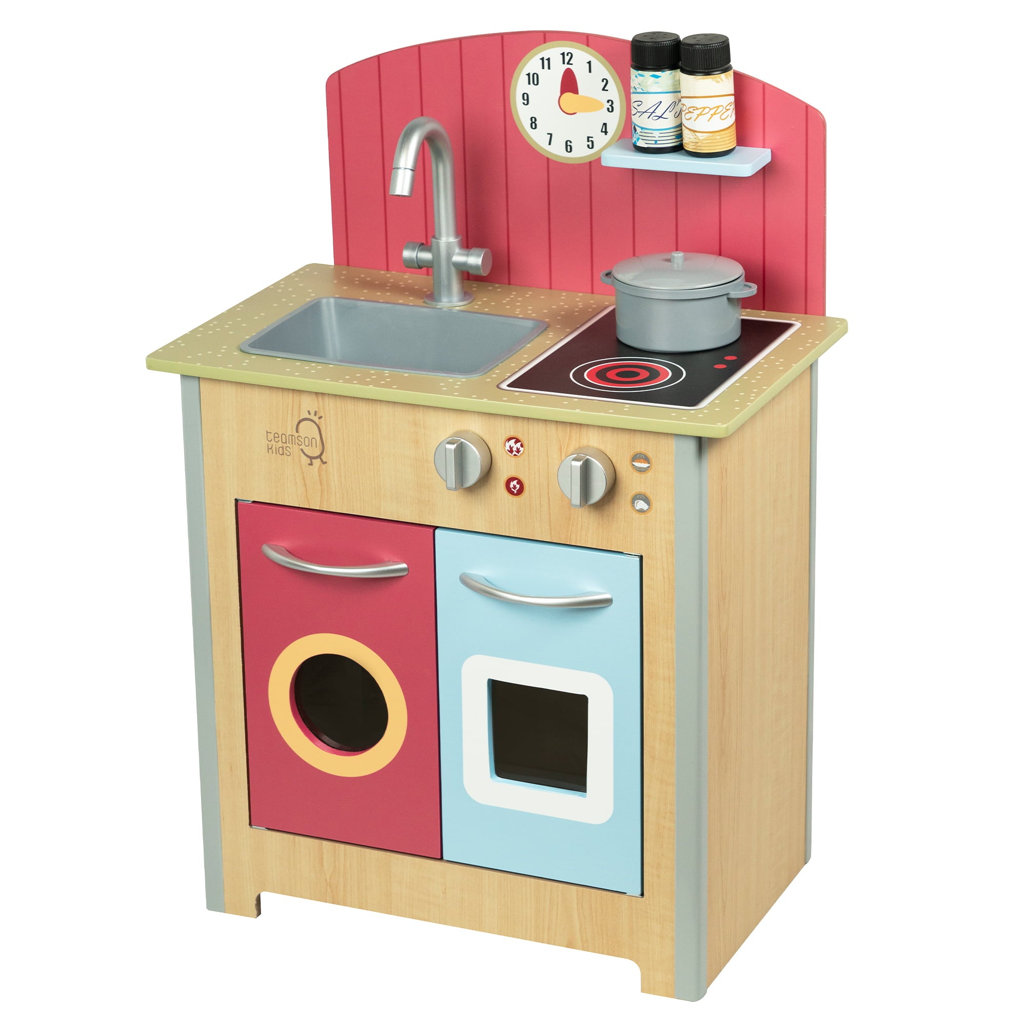 Teamson Kids Little Chef Porto Classic Wooden Kitchen Playset, Natural/Red