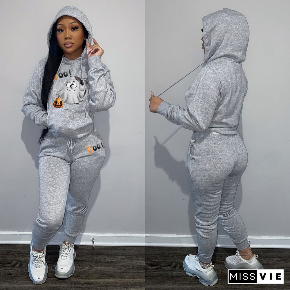 Halloween Print Hoodie Sweat Pants Casual Two Piece Set