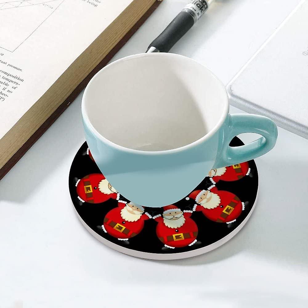 4pcs Round Christmas Santa Claus On Black Ceramic Coasters With Cork-backed For Coffee Drink Cup Mat Absorbent Stone Coasters