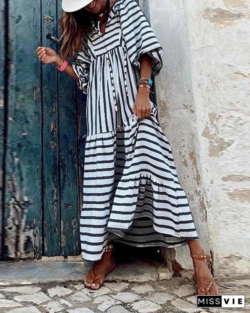 Striped Lace Up Lantern Sleeve Maxi Dress