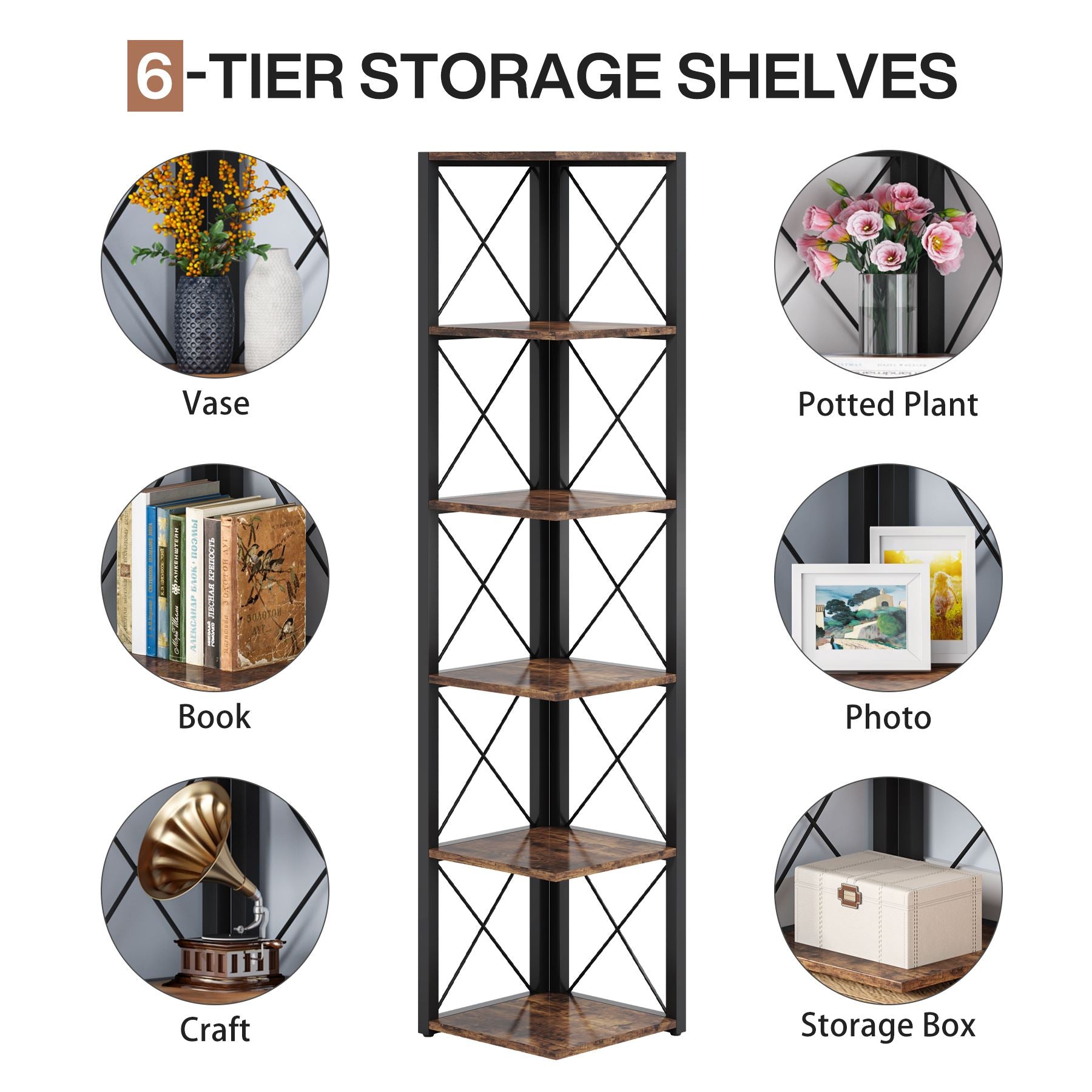 6-Tier Corner Shelf, 70.86 Corner Bookshelf Storage Etagere Bookcase