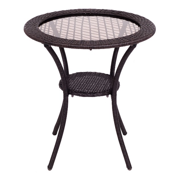 Costway Round Rattan Wicker Coffee Table Glass Top Steel Frame Patio Furni W lower Shelf