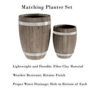 Pure Garden Light-Weight Fiber Clay Whiskey Barrel Planter Flower Pots-13 in. and 9.4 in. Diameter (Set of 2) 50-T227