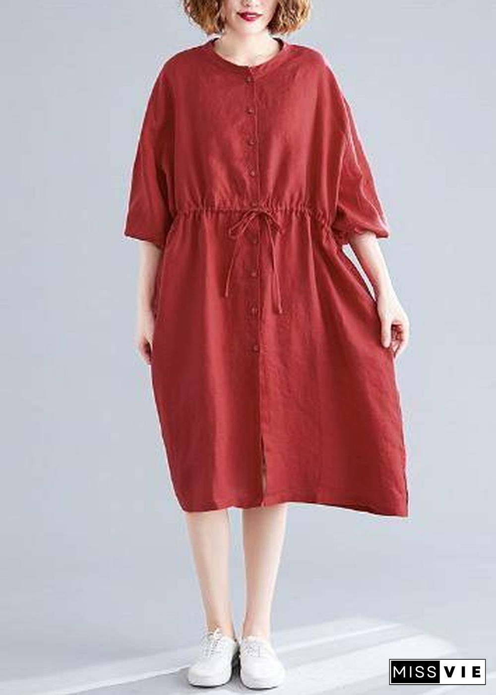 DIY o neck drawstring linen cotton quilting dresses red Shirts Dresses fall