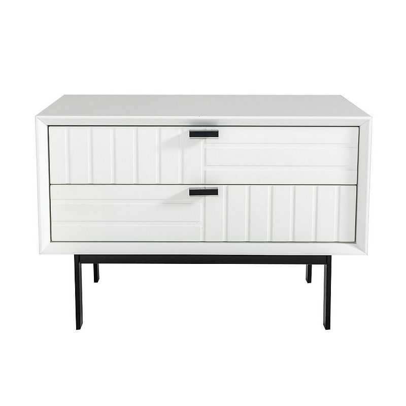 2 Drawers Wooden Nightstand with Metal Bar Pulls， White and Black