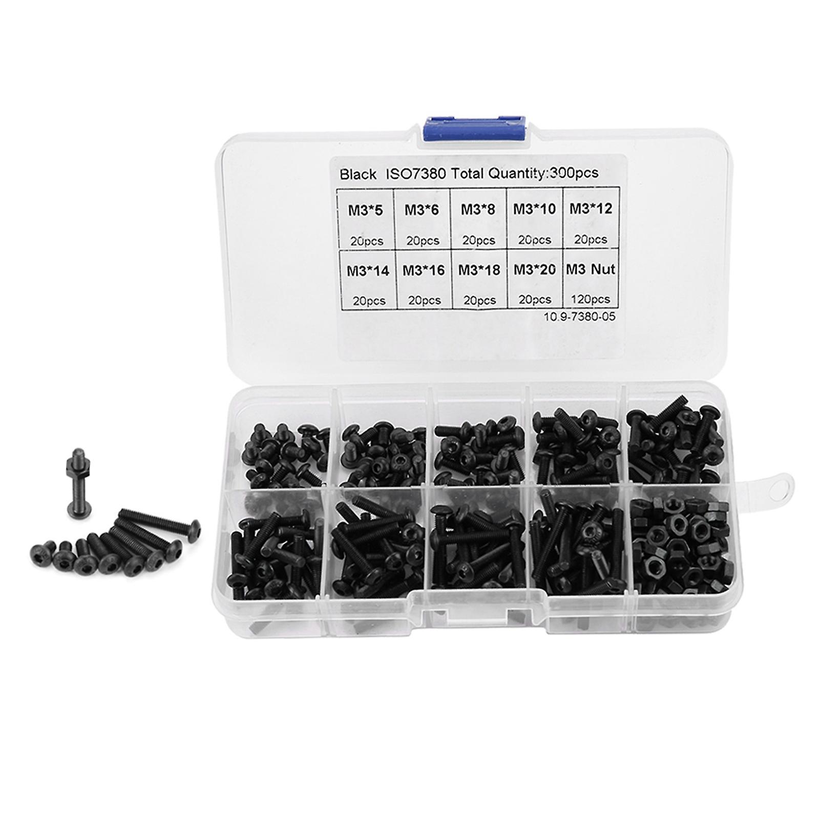 300pcs M3 Black 10.9 Grade Button Head Hex Socket Screw Bolt Nut Assortment Kit