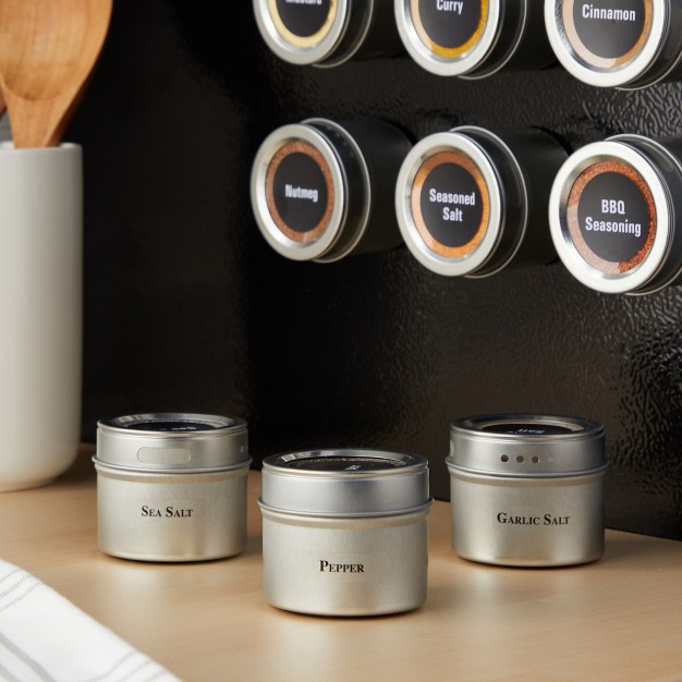 Talented Kitchen 24 Magnetic Spice Jars With 6 Metal Wall Plate Bases For Refrigerator 269 Preprinted Seasoning Labels 2 Styles For 3 Oz Containers