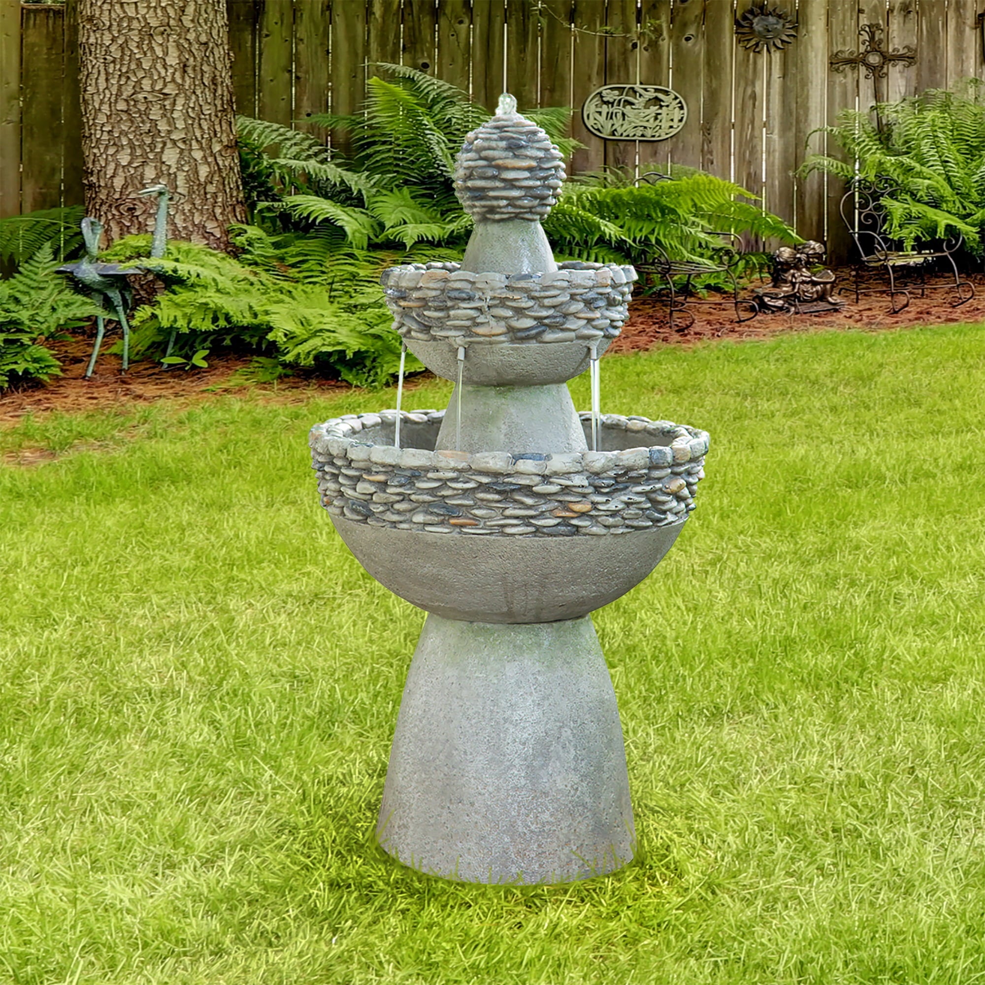 Teamson Home Outdoor Stone-Look 3-Tier Pedestal Floor Fountain， Gray