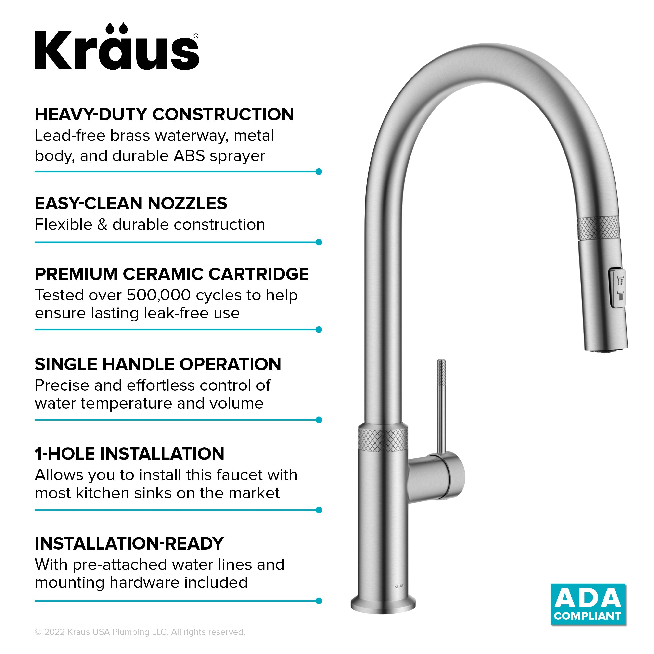 KRAUS Oletto Modern Industrial Pull-Down Single Handle Kitchen Faucet in Spot Free Stainless Steel