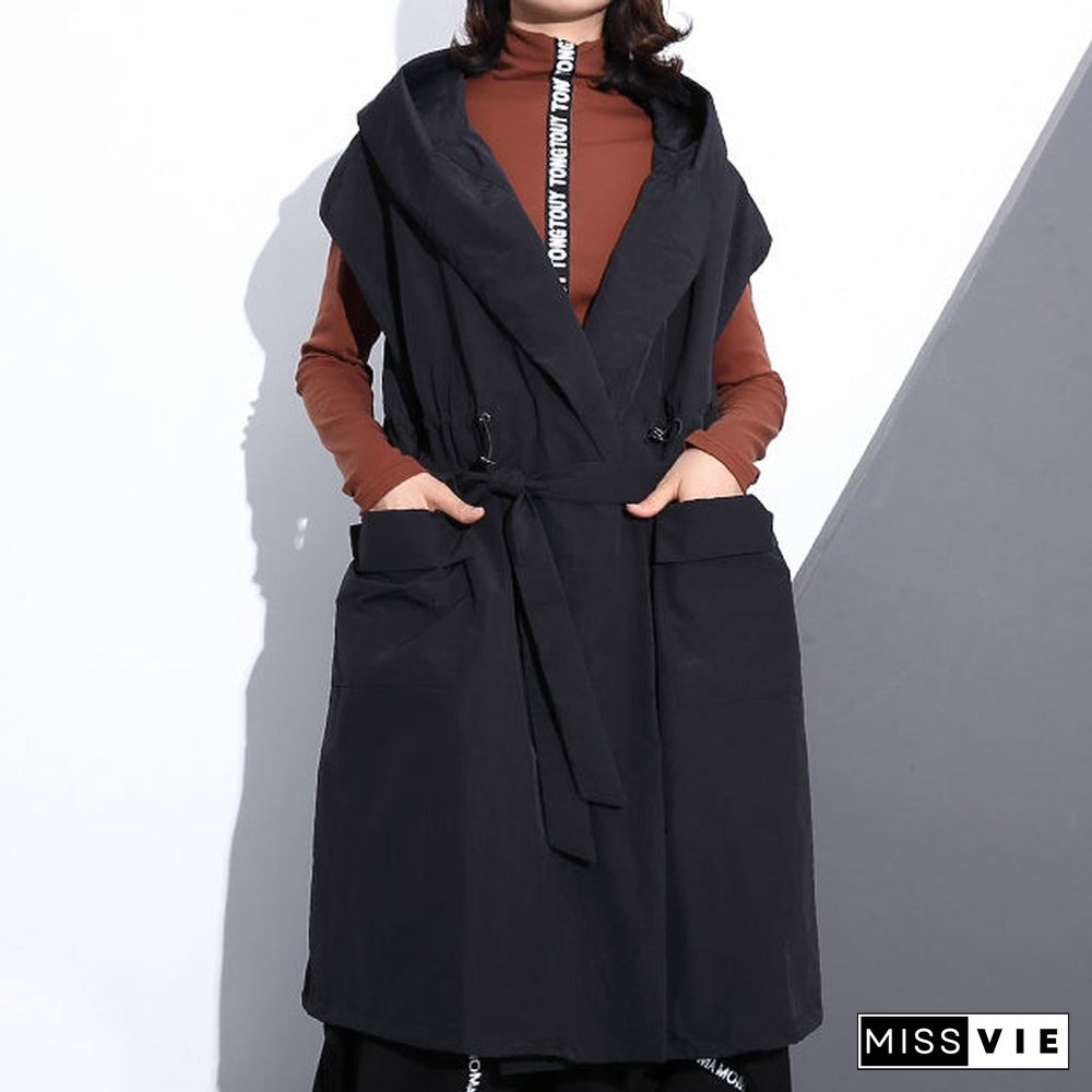 Fine black cotton blended tops plus size hooded tie waist clothing tops Elegant Sleeveless coats