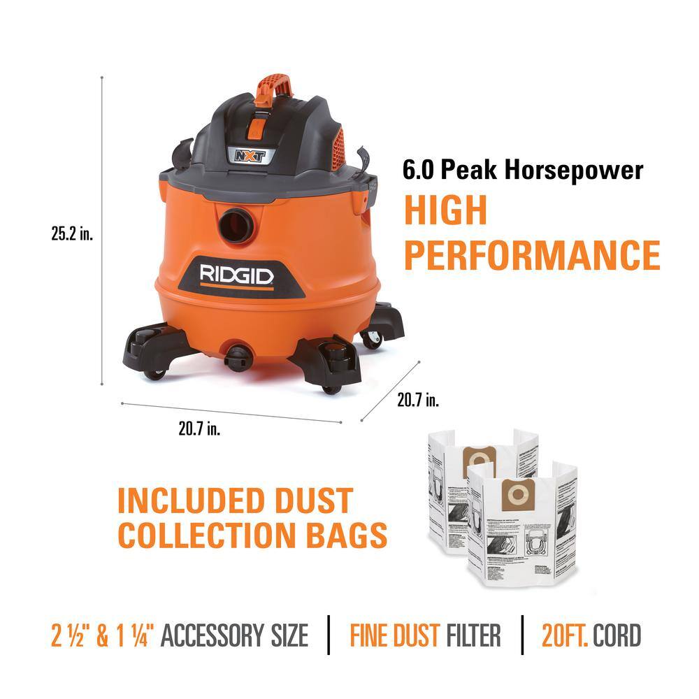 RIDGID 14 Gallon 6.0 Peak HP NXT WetDry Shop Vacuum with Fine Dust Filter Dust Bags Hose Accessories and Car Cleaning Kit HD1401A