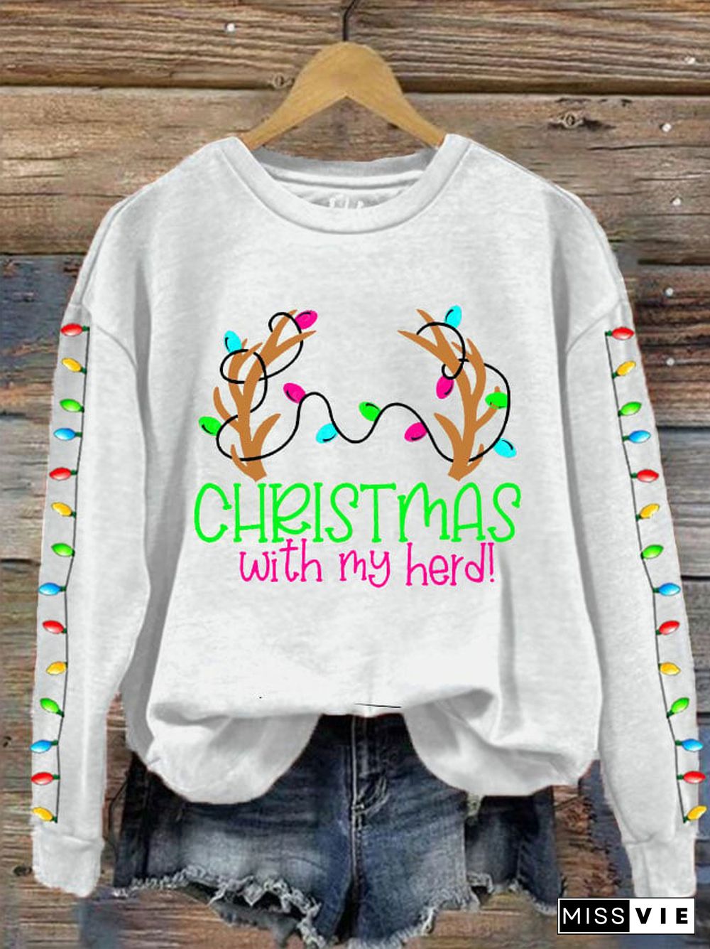 Women's Christmas With My Herd Print Crew Neck Sweatshirt