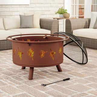 Pure Garden 32 in. W x 25 in. H Round Steel Wood Burning Outdoor Deep Fire Pit in Rugged Rust with Leaf Cutouts HW1500257