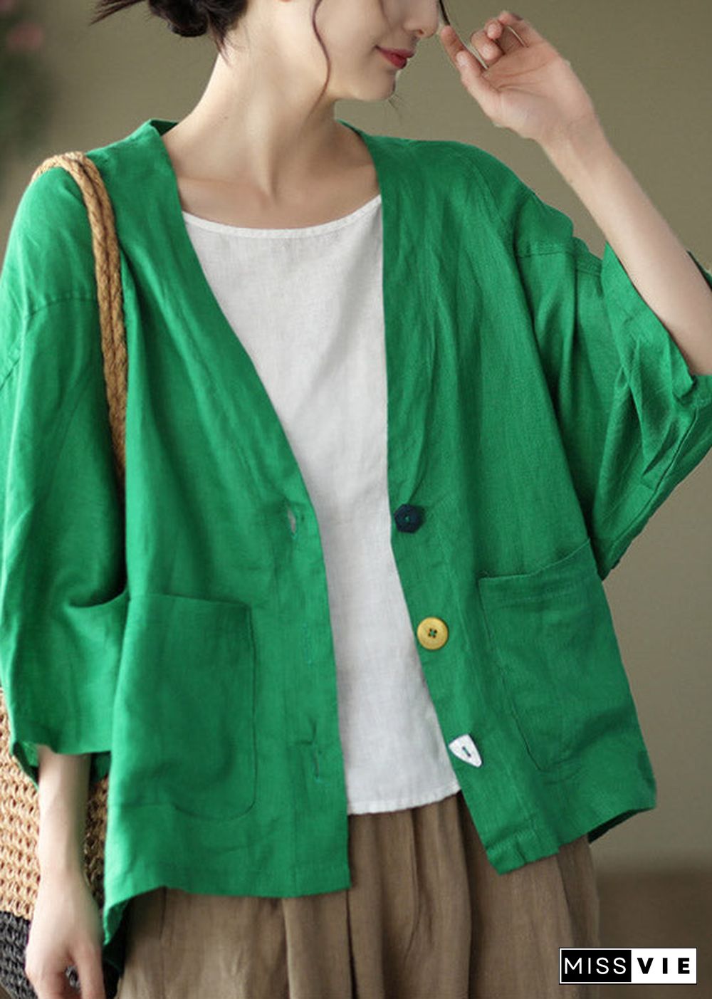 Modern Green V Neck Patchwork Button Linen Shirt Long Sleeve